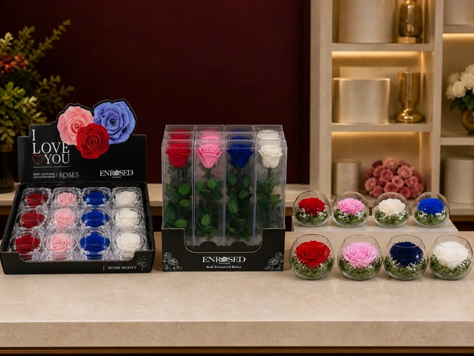 Konservierte Rosen im Thekendisplay – Großhandel