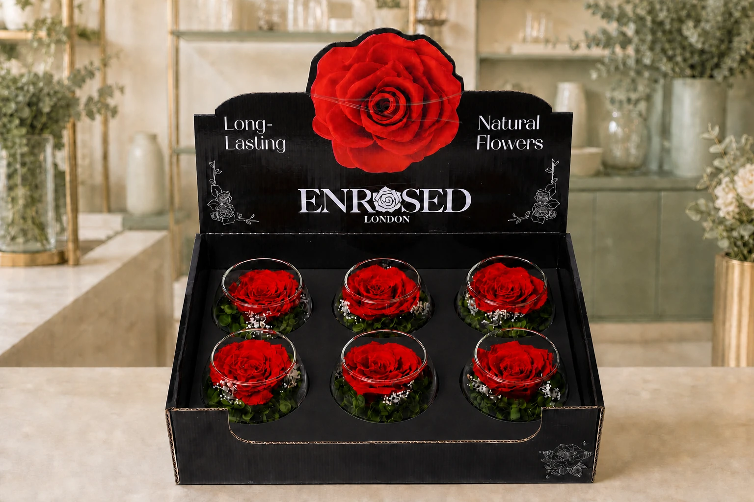 Bowl XL counter display with six glass bowls of preserved roses