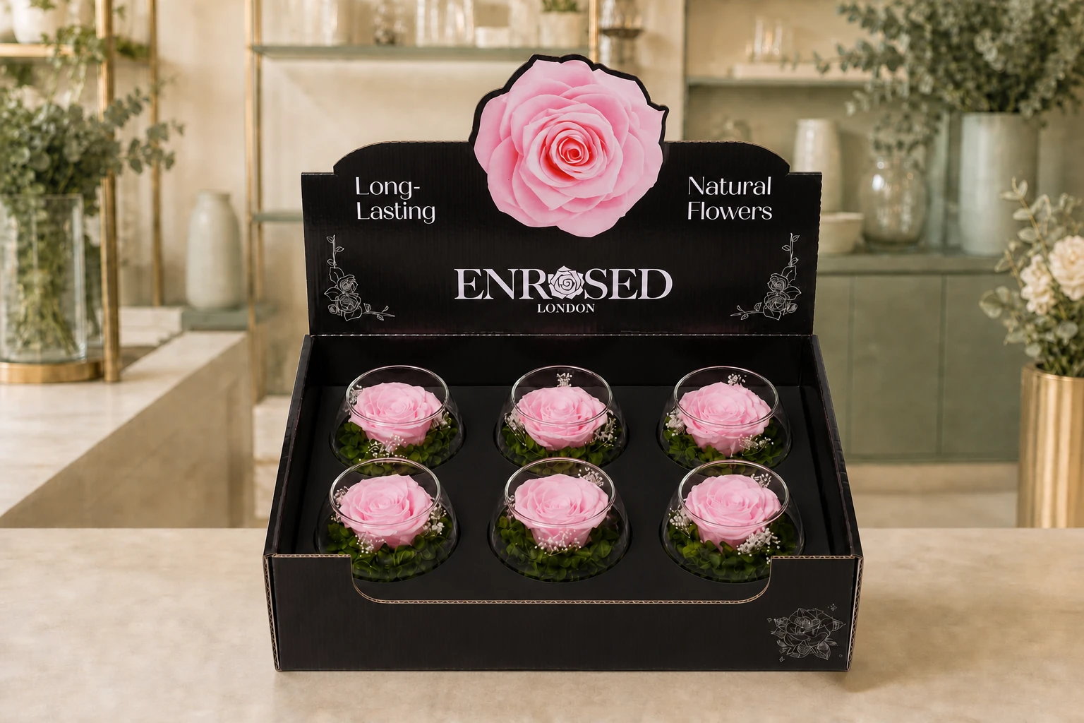XL Bowl Roses with Display in cherry pink with a black insert