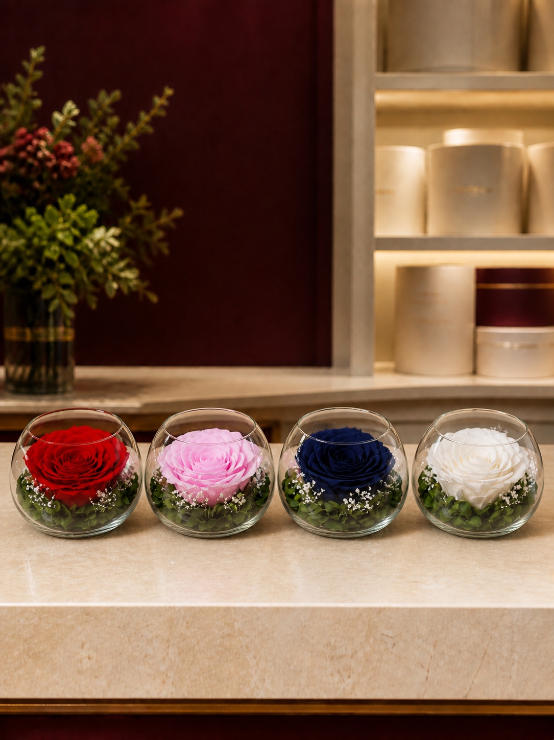 XL Bowl Roses with Display — colour overview in the Enrosed showroom