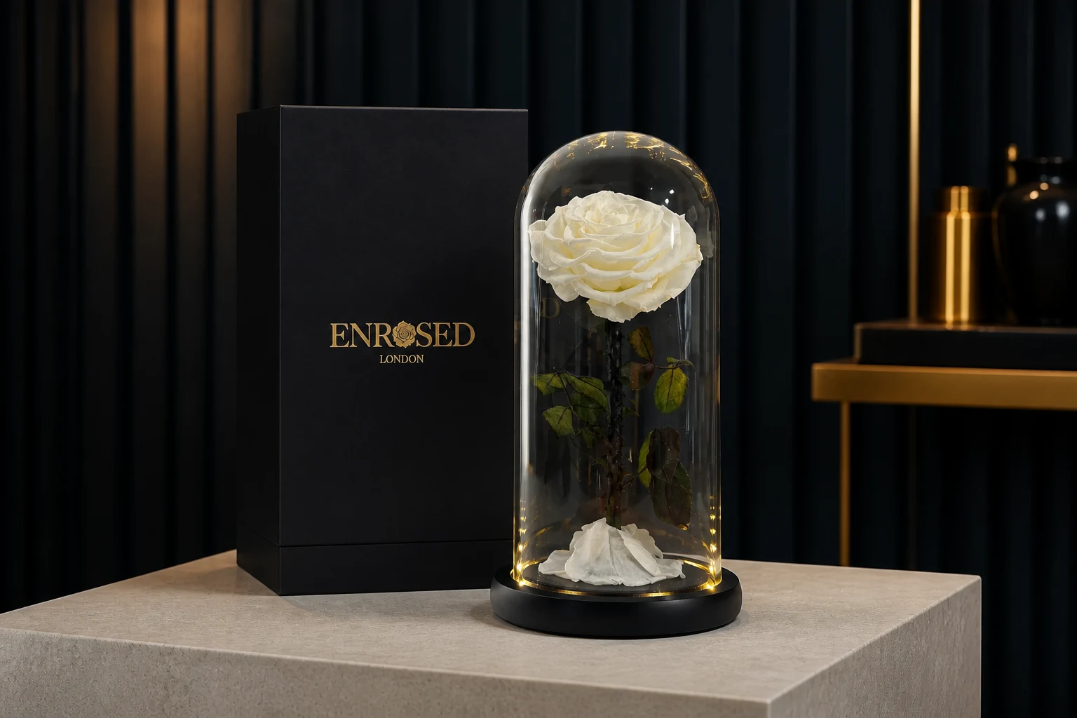 Preserved Rose in 25 cm Glass Dome — White; wide product photo in the Enrosed showroom