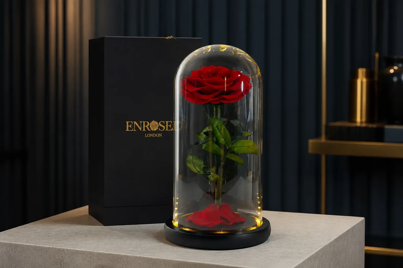 Preserved Rose in 25 cm Glass Dome — Red; wide product photo in the Enrosed showroom