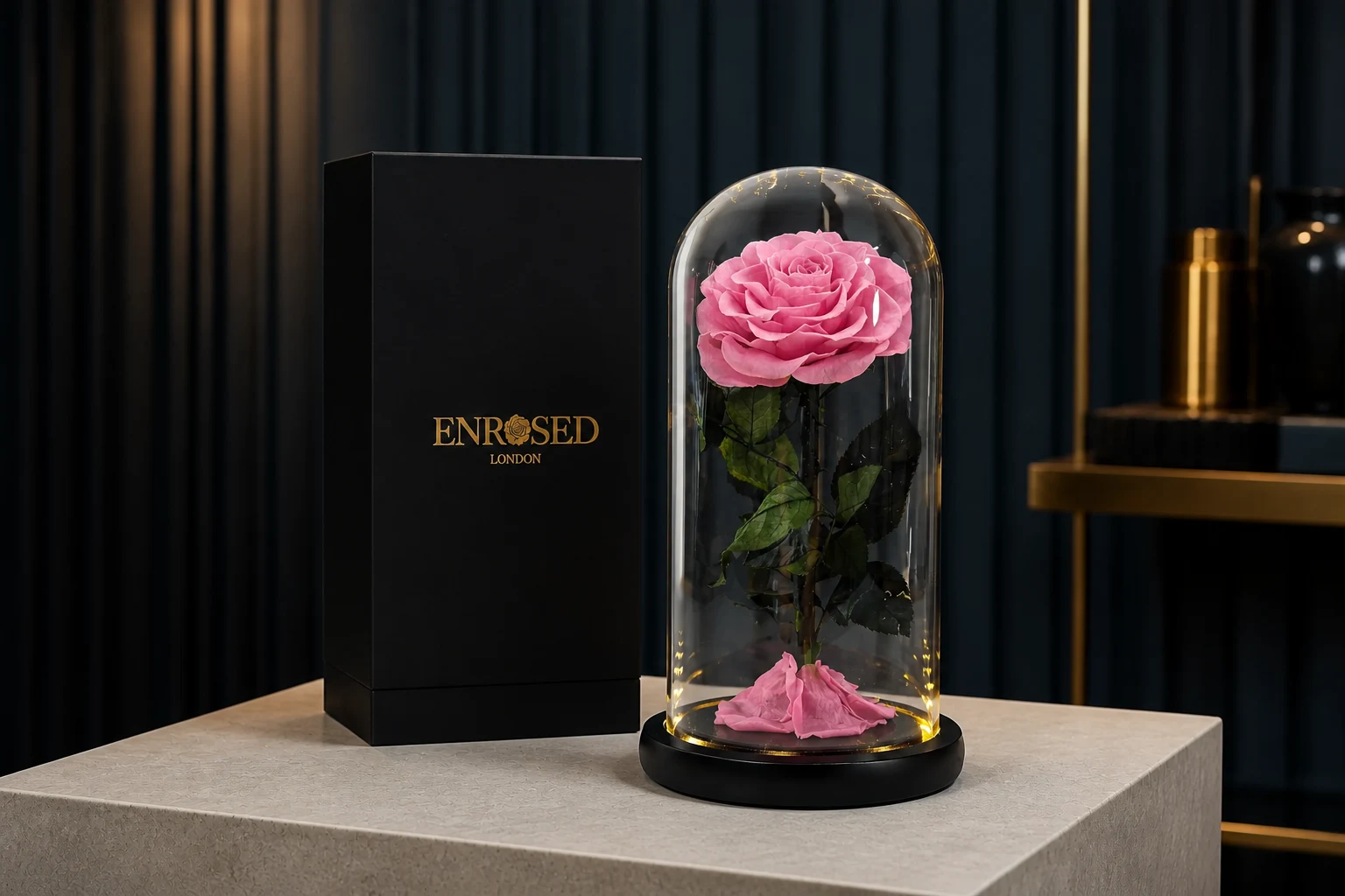 Preserved Rose in 25 cm Glass Dome — Cherry Pink; wide product photo in the Enrosed showroom