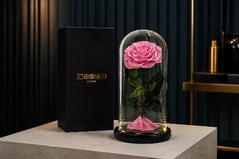 Preserved Rose in 25 cm Glass Dome — Cherry Pink; wide product photo in the Enrosed showroom