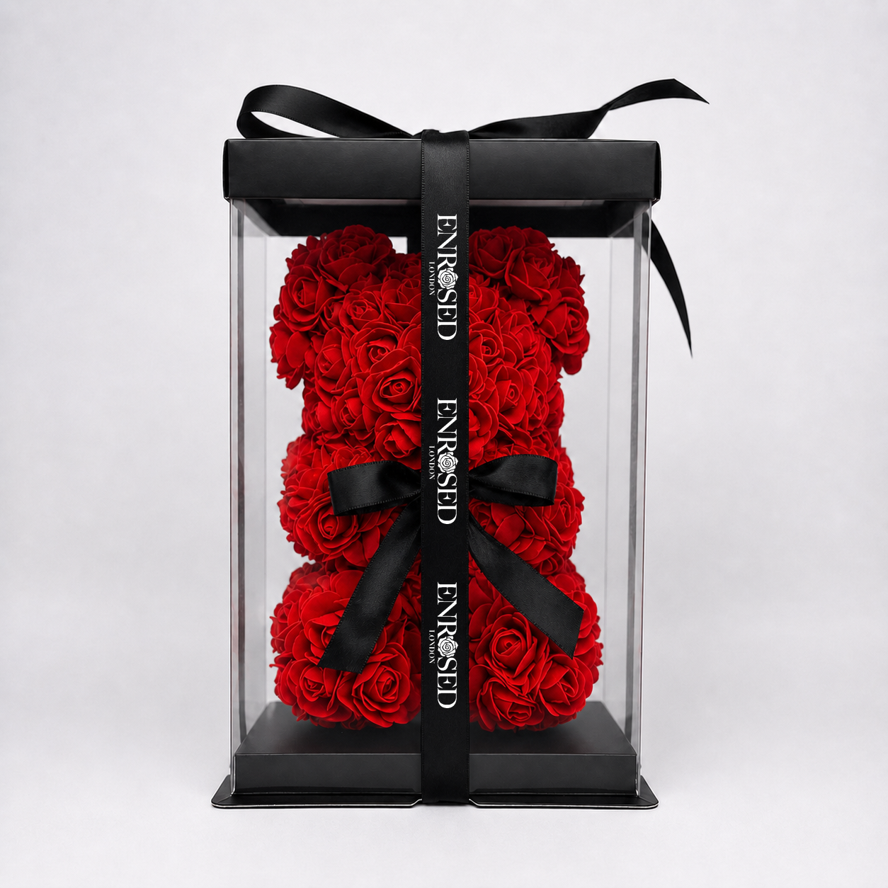 25 cm red foam rose bear with black ENROSED LONDON ribbon