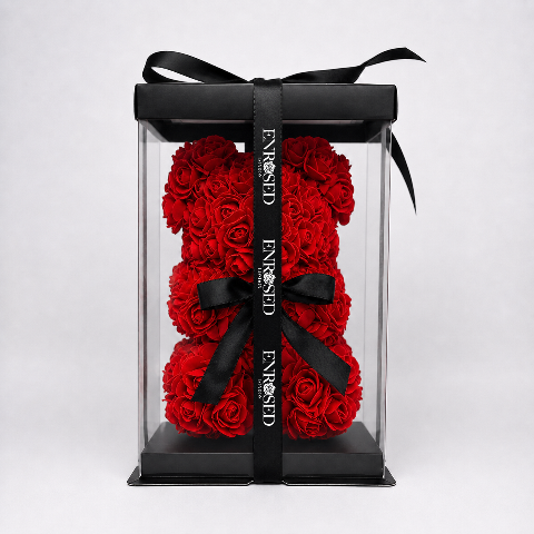 25 cm red foam rose bear with black ENROSED LONDON ribbon