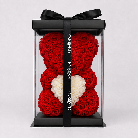 25 cm red foam rose bear with heart and black ENROSED LONDON ribbon