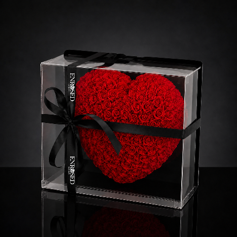 25 cm half-heart arrangement with red foam roses and black ENROSED LONDON ribbon
