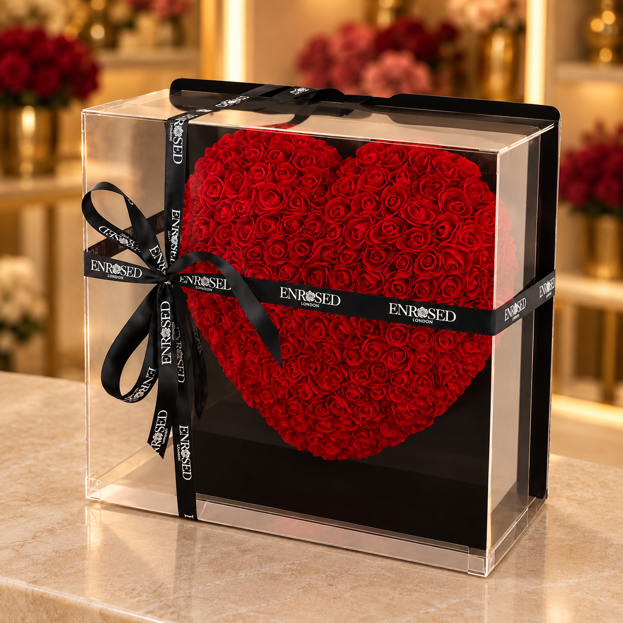 Red foam rose heart (40 cm) in a clear box with black ENROSED ribbon, on a beige showroom counter.