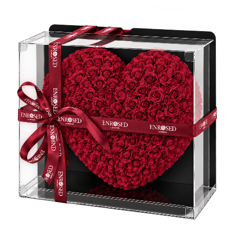 Burgundy foam rose half-heart, 40 cm, in a transparent box with black backing and a burgundy ENROSED ribbon.