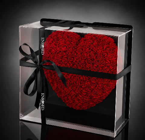 40 cm half-heart arrangement with red foam roses and black ENROSED LONDON ribbon