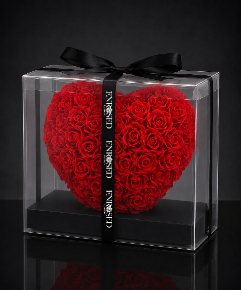 15 cm heart of red foam roses with black ENROSED LONDON ribbon