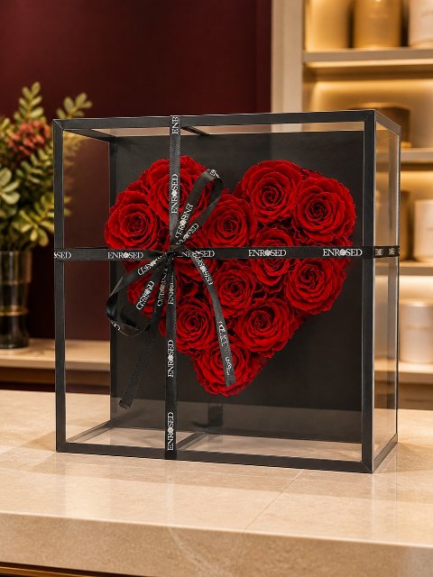 Flowerbox de vidro com um coração de rosas vermelhas preservadas