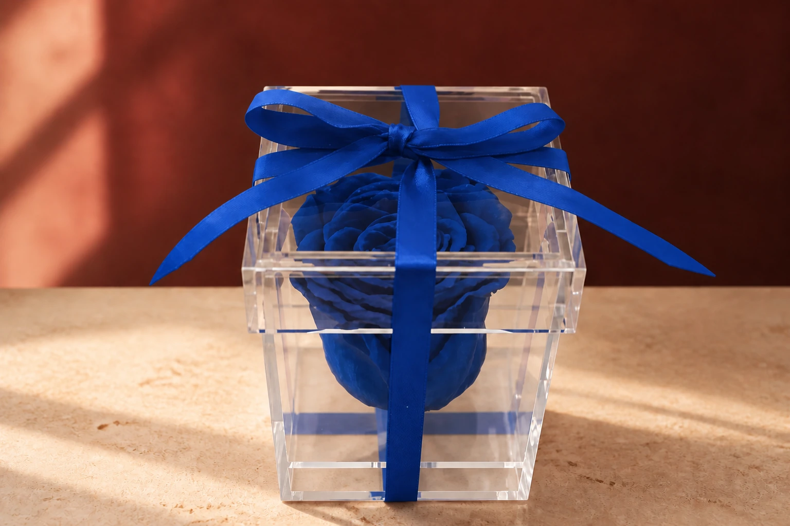 Preserved Rose in Plexibox — Navy; wide product photo in the Enrosed showroom
