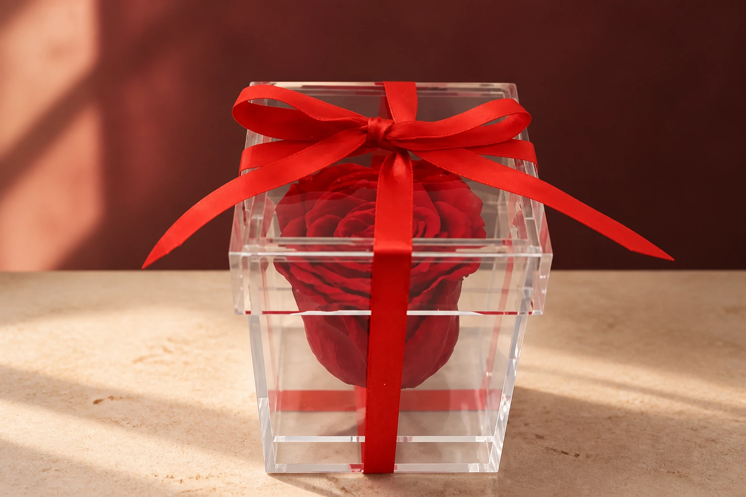 Preserved Rose in Plexibox — Red; wide product photo in the Enrosed showroom