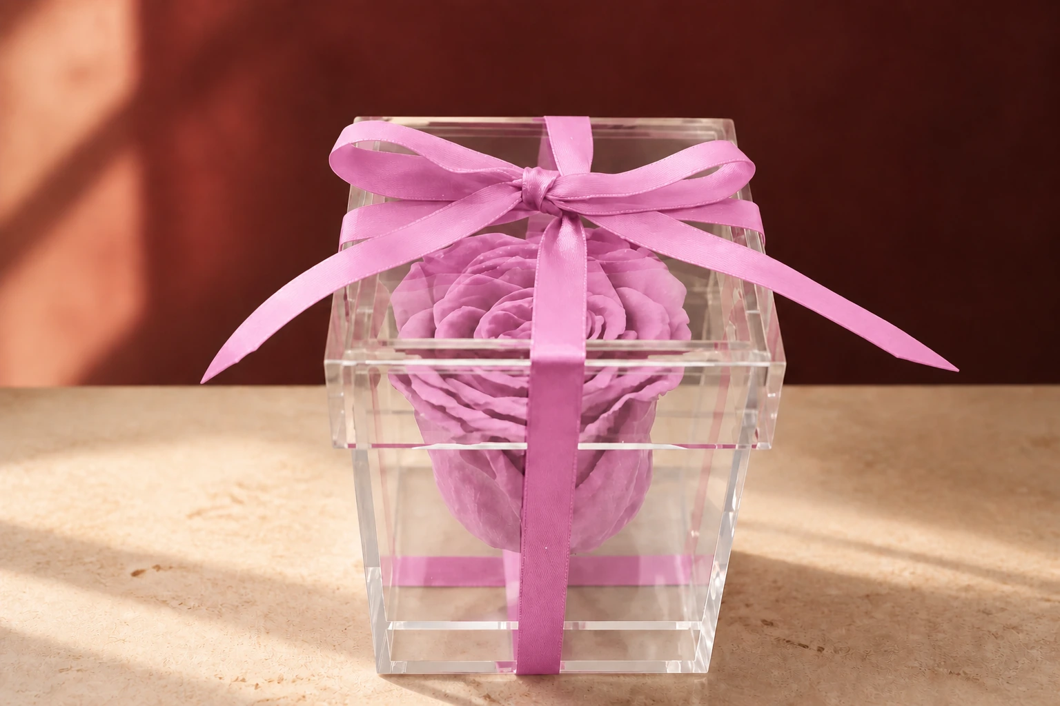 Preserved Rose in Plexibox — Cherry Pink; wide product photo in the Enrosed showroom