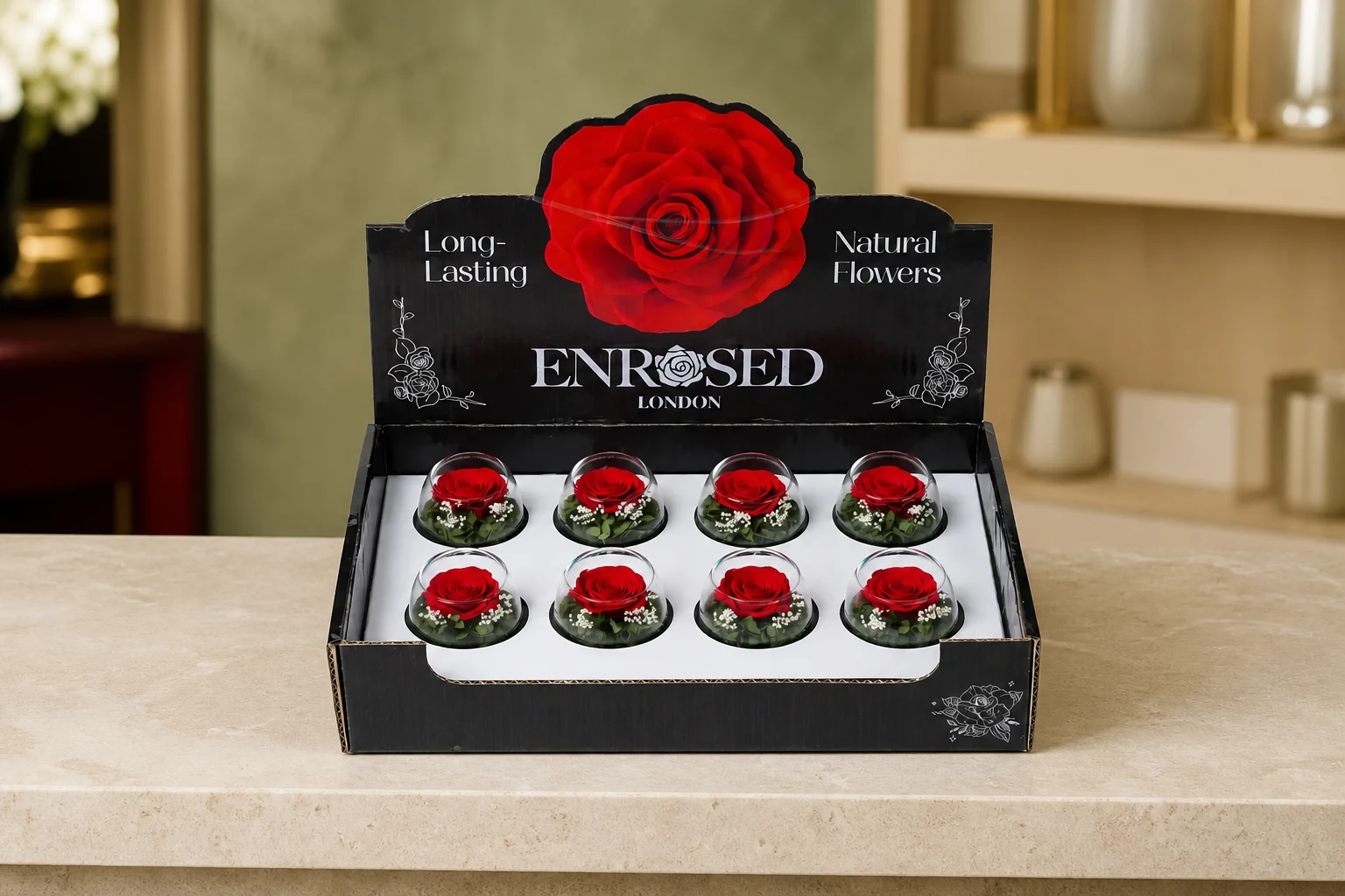 Preserved Bowl Roses with Display — Red; wide product photo in the Enrosed showroom