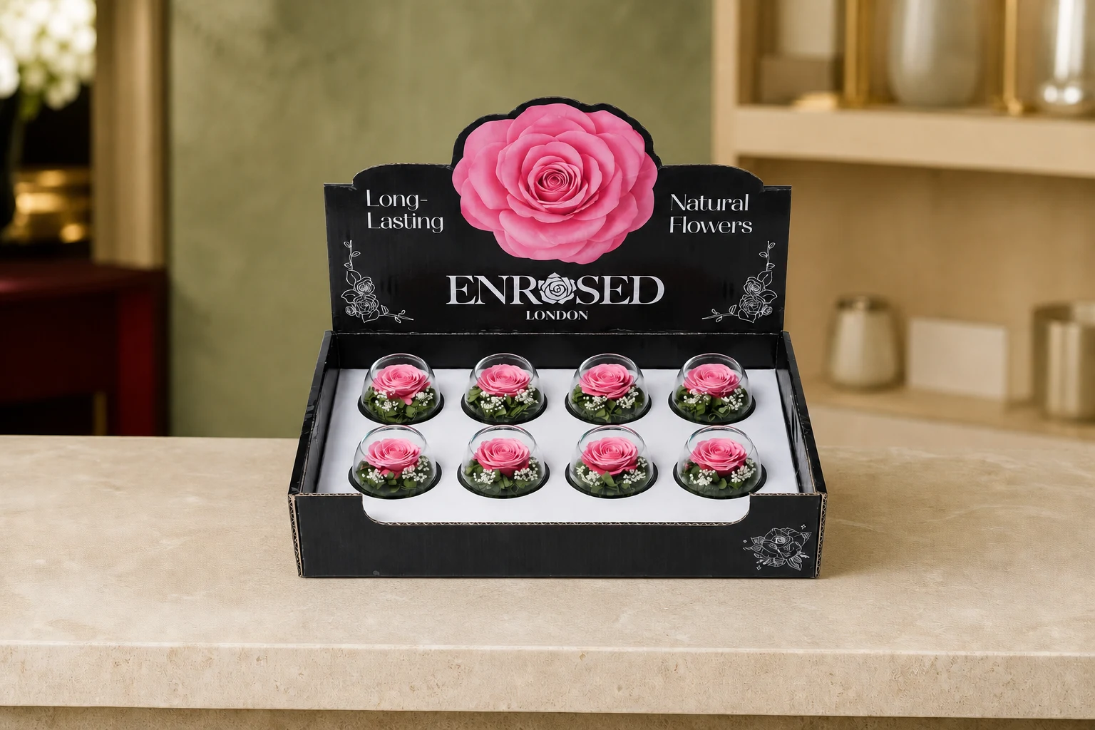 Preserved Bowl Roses with Display — Pink; wide product photo in the Enrosed showroom