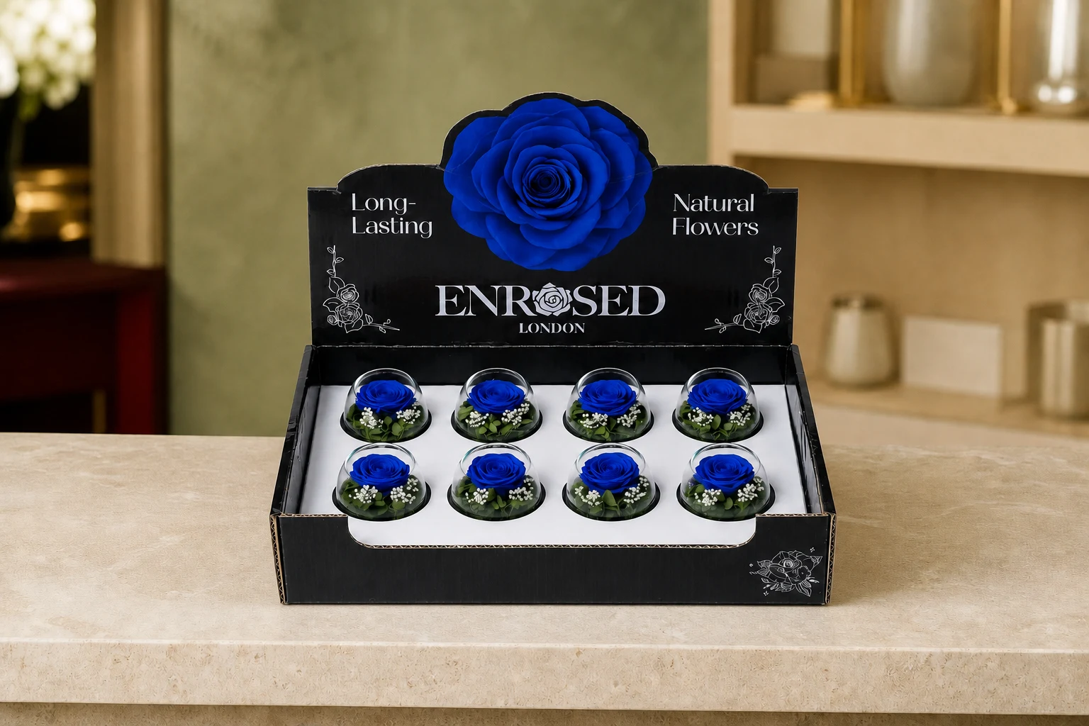 Preserved Bowl Roses with Display — Blue; wide product photo in the Enrosed showroom