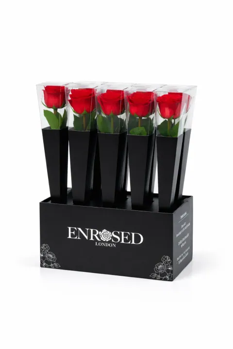 12 Preserved Stem Roses with Display in Red
