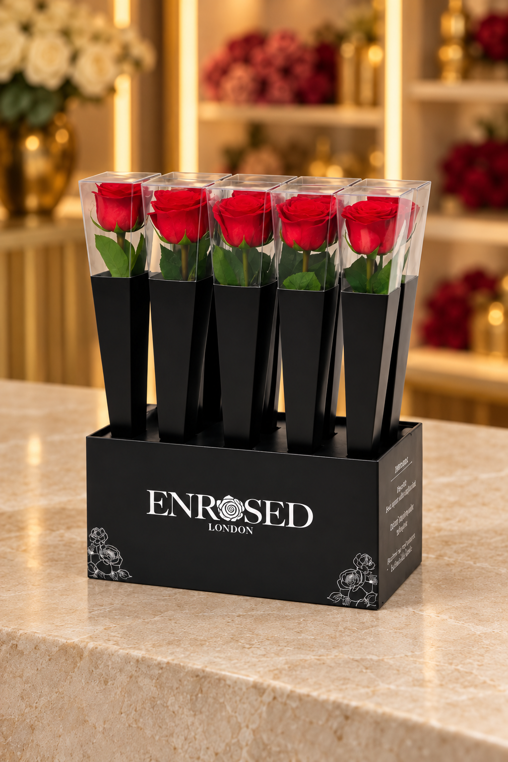 Expositor de rosas preservadas de tallo largo rojas en el showroom ENROSED.