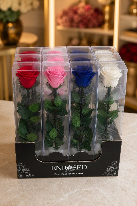 12 Preserved Stem Roses with Display — colour overview in the Enrosed showroom