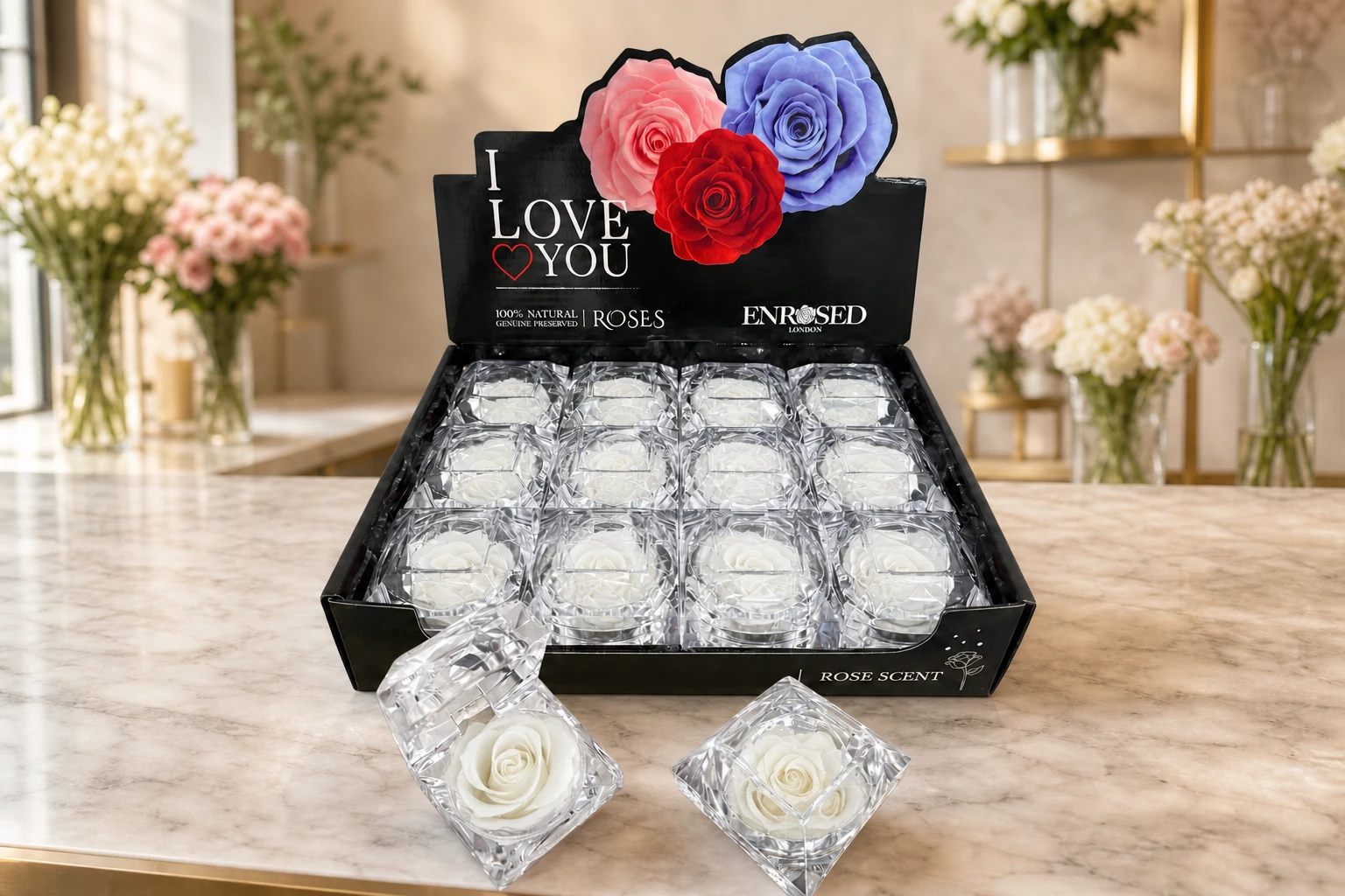 Diamond Rose with Display and Fragrance — White; wide product photo in the Enrosed showroom