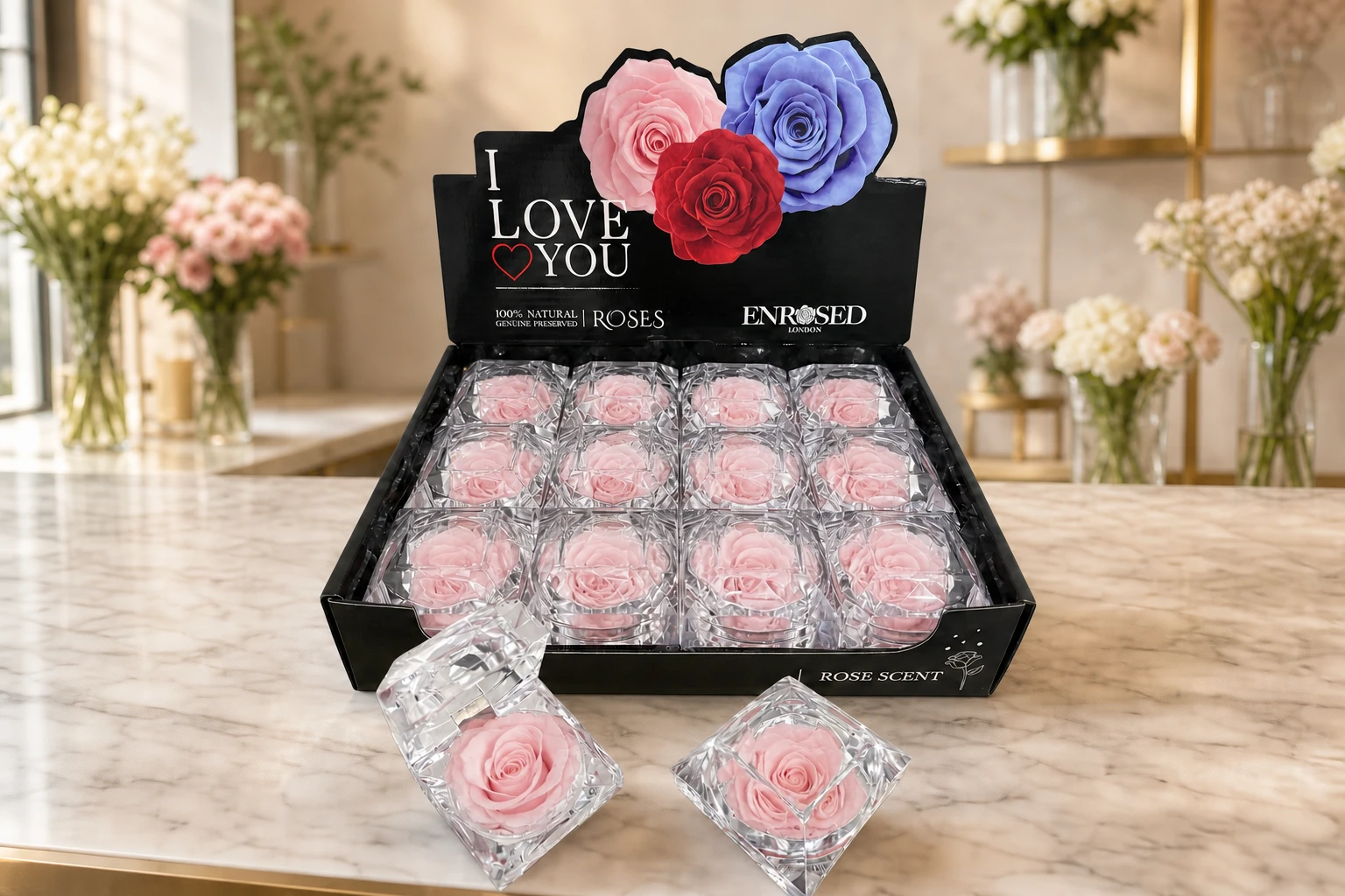 Diamond Rose with Display and Fragrance — Cherry Pink; wide product photo in the Enrosed showroom