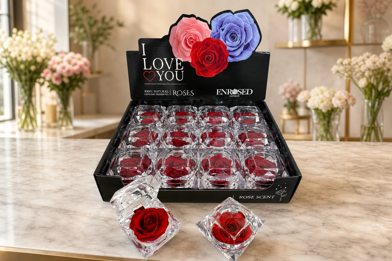 Diamond rose counter display with twelve individual presentation boxes