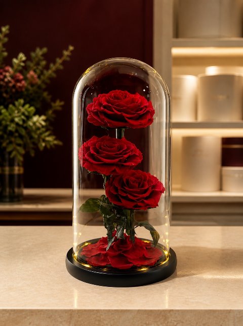 Three Preserved Roses in 30 cm Dome — in the Enrosed showroom