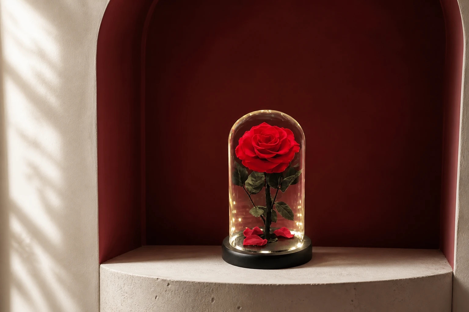 Preserved Rose in 20 cm Glass Dome — Red; wide product photo in the Enrosed showroom