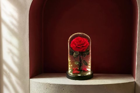 Preserved Rose in 20 cm Glass Dome — Red; wide product photo in the Enrosed showroom