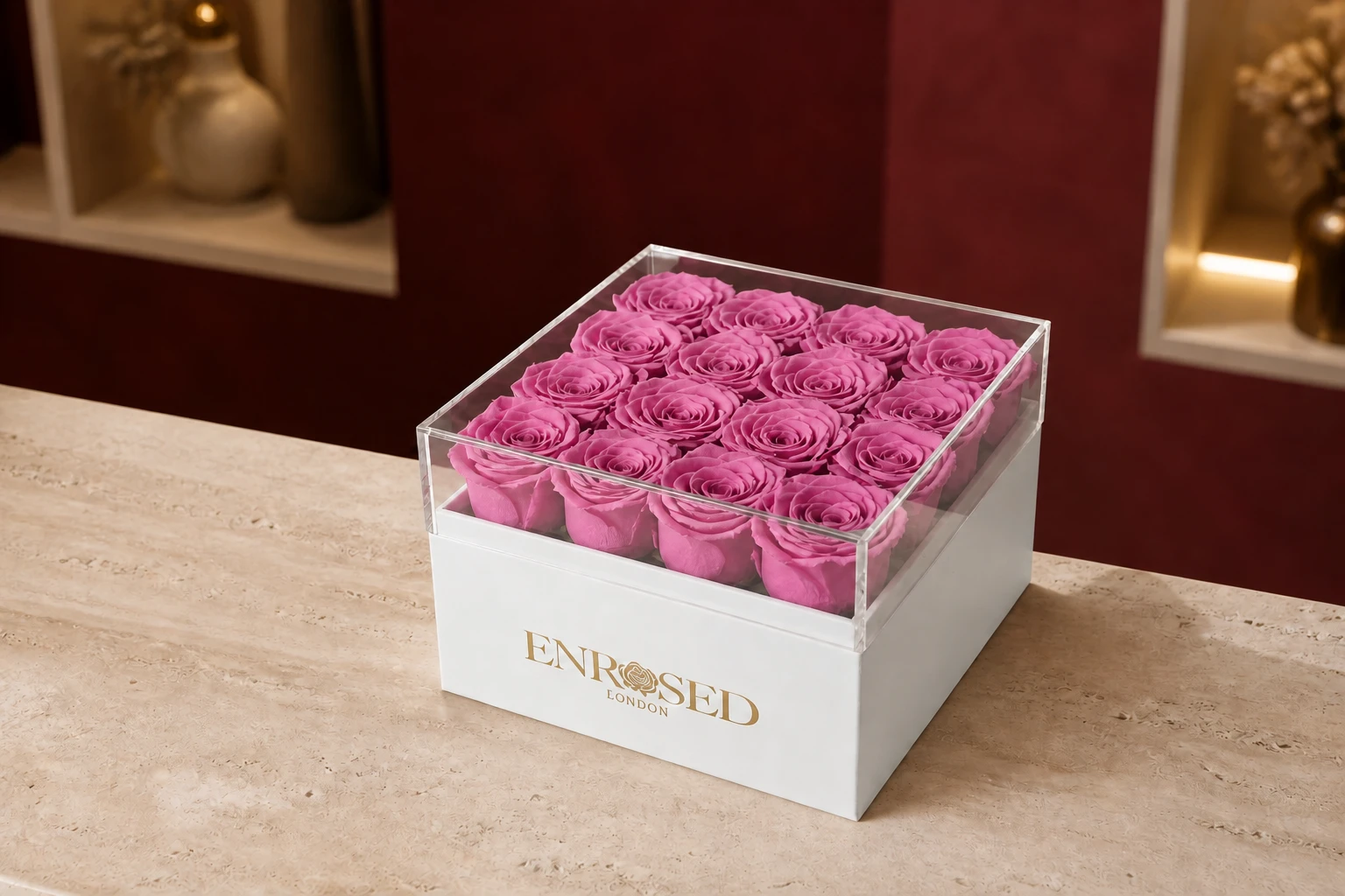 16 Preserved Roses Flowerbox — Cherry Pink; wide product photo in the Enrosed showroom