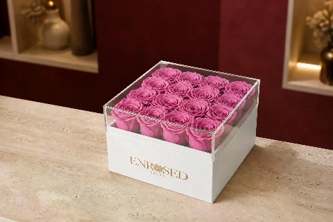 16 Preserved Roses Flowerbox — Cherry Pink; wide product photo in the Enrosed showroom