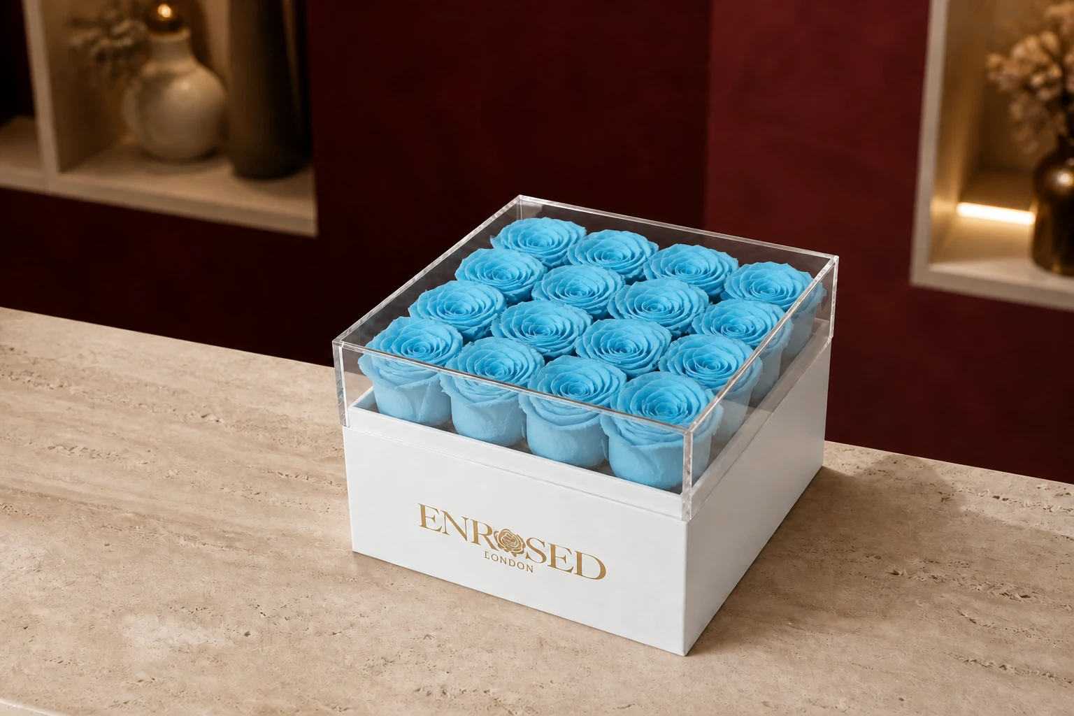 16 Preserved Roses Flowerbox — Light Blue; wide product photo in the Enrosed showroom