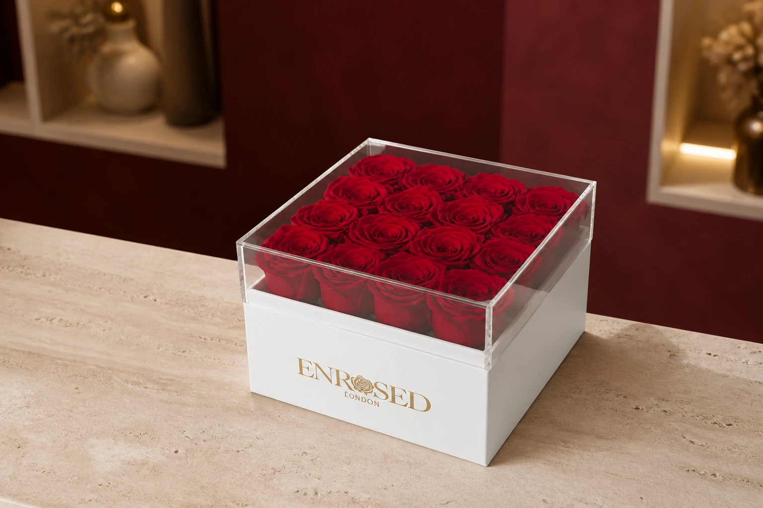 16 Preserved Roses Flowerbox — Red; wide product photo in the Enrosed showroom