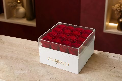 16 Preserved Roses Flowerbox — Red; wide product photo in the Enrosed showroom