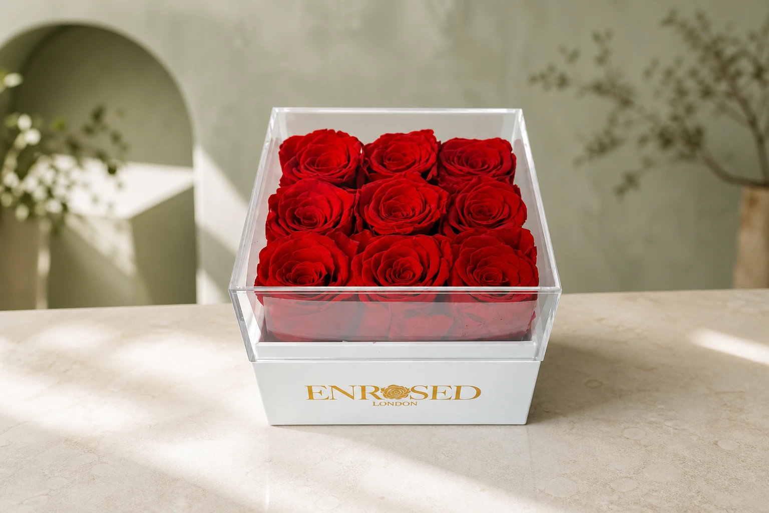 9 Preserved Roses Flowerbox — Red; wide product photo in the Enrosed showroom