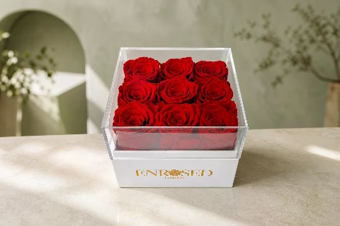 9 Preserved Roses Flowerbox — Red; wide product photo in the Enrosed showroom
