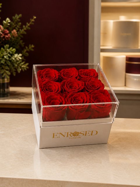 Nove rosas vermelhas preservadas numa flowerbox quadrada de acrílico