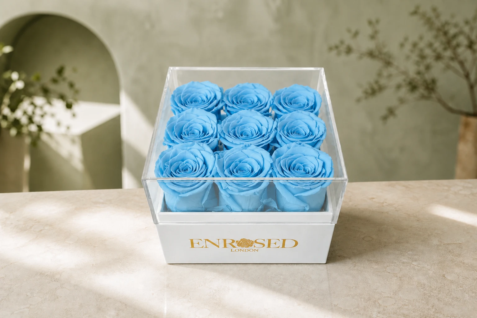 9 Preserved Roses Flowerbox — Light Blue; wide product photo in the Enrosed showroom