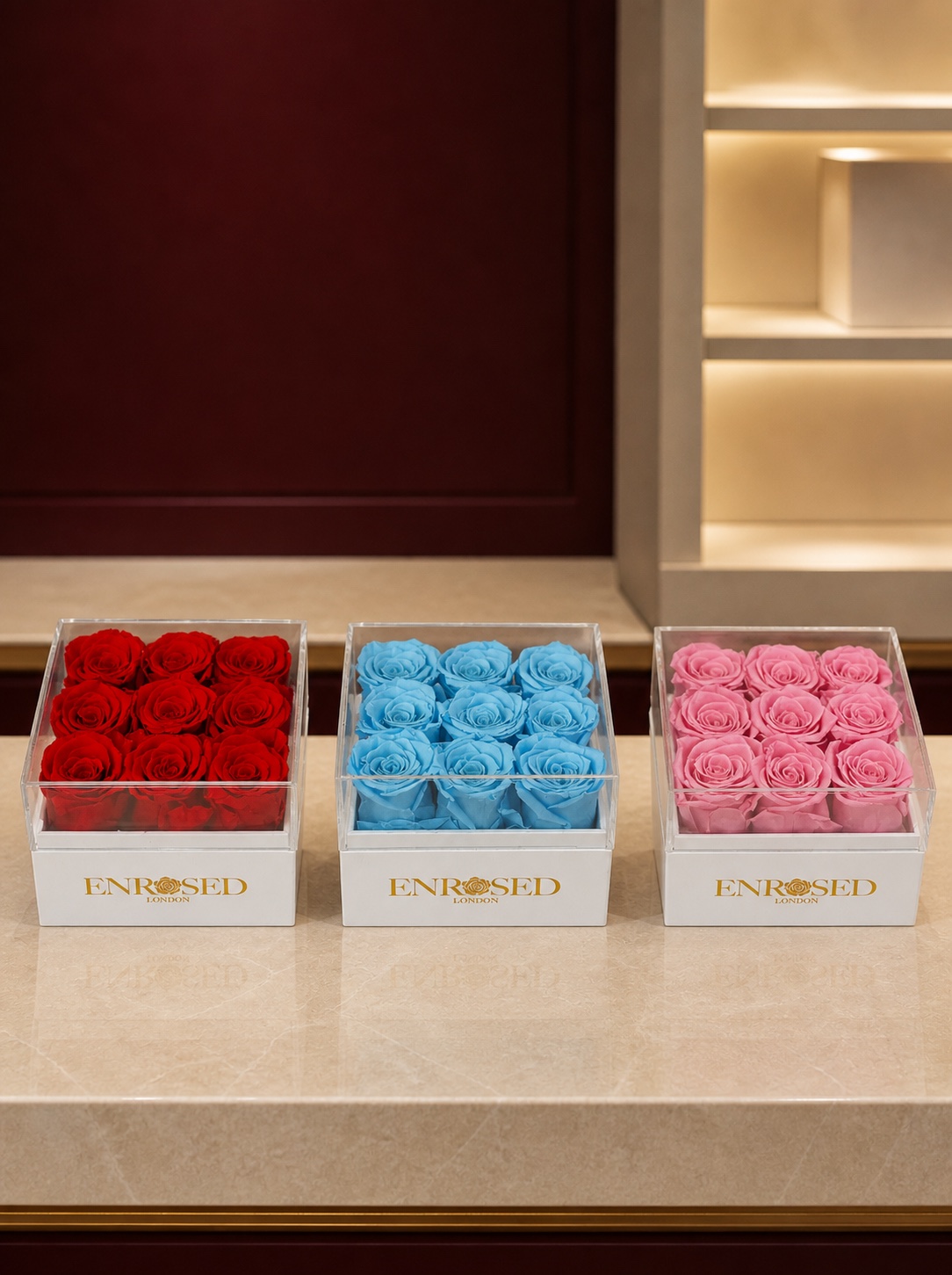 9 Preserved Roses Flowerbox — colour overview in the Enrosed showroom