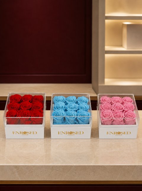 9 Preserved Roses Flowerbox — colour overview in the Enrosed showroom