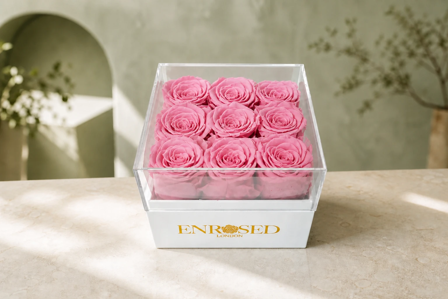 9 Preserved Roses Flowerbox — Cherry Pink; wide product photo in the Enrosed showroom