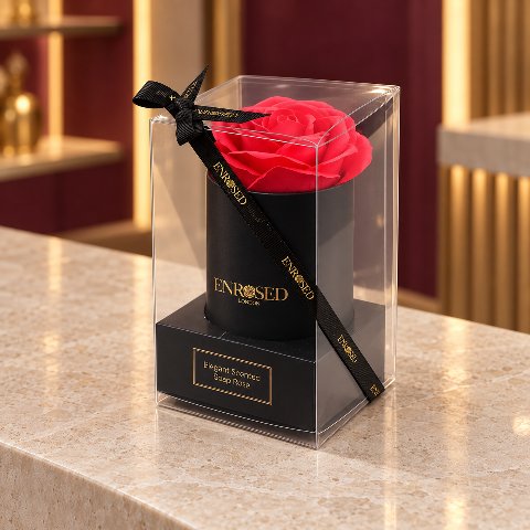 Rosa de jabón roja en una caja de regalo transparente sobre un mostrador de piedra beige