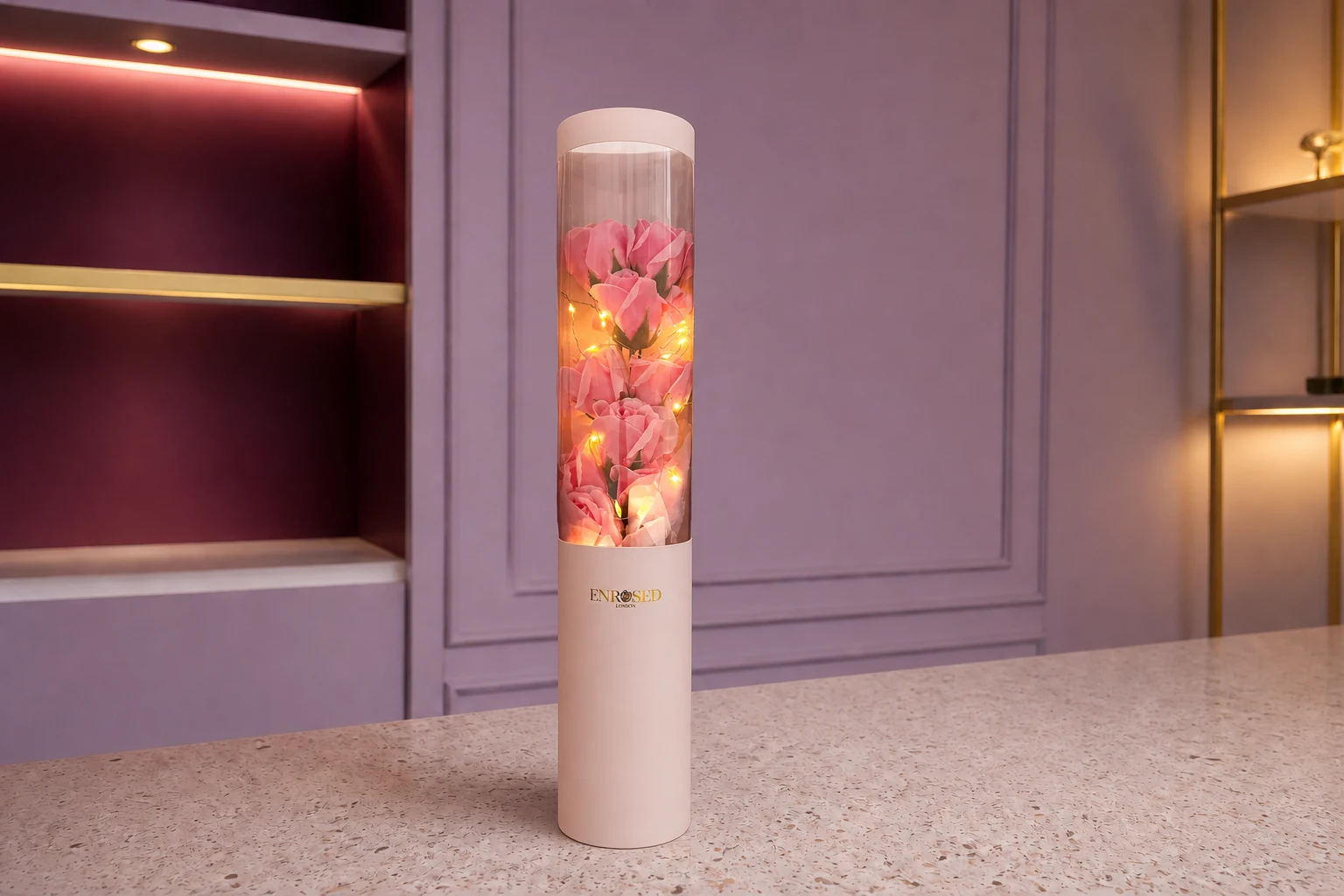Soap Roses with LED — Cherry Pink; wide product photo in the Enrosed showroom