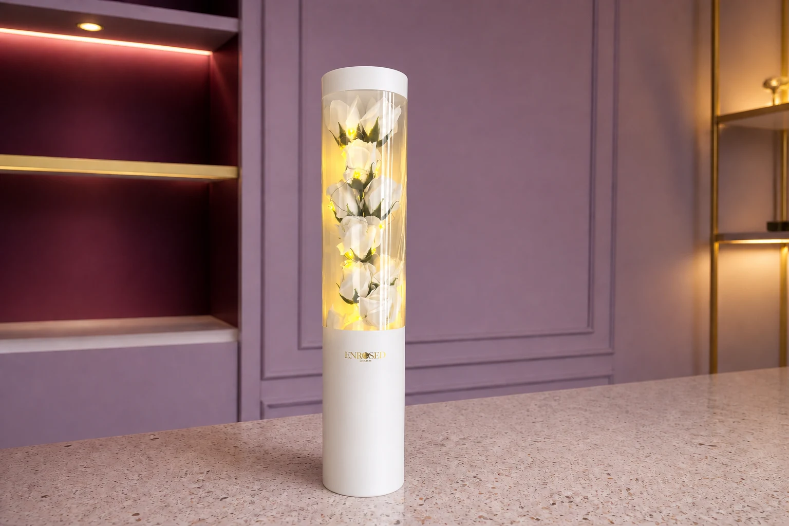 Soap Roses with LED — White; wide product photo in the Enrosed showroom